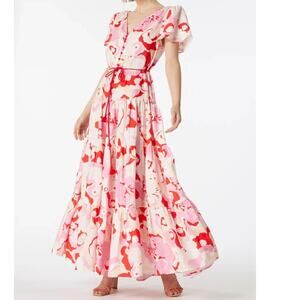 ELLIATT Gisli Linen Maxi Dress Tiered Floral Print Flutter Sleeve Feminine S